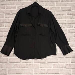 Zara Black Long Sleeve Blouse Satin Cuffs Women's‎ L Elegant
